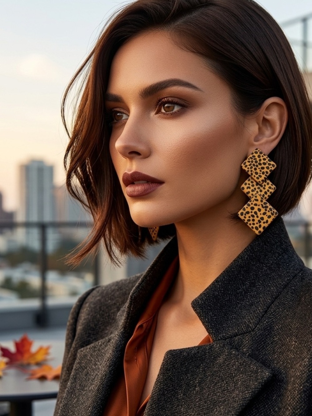 Tiered Triangle Long Dangle Earring Leopard (E5)
